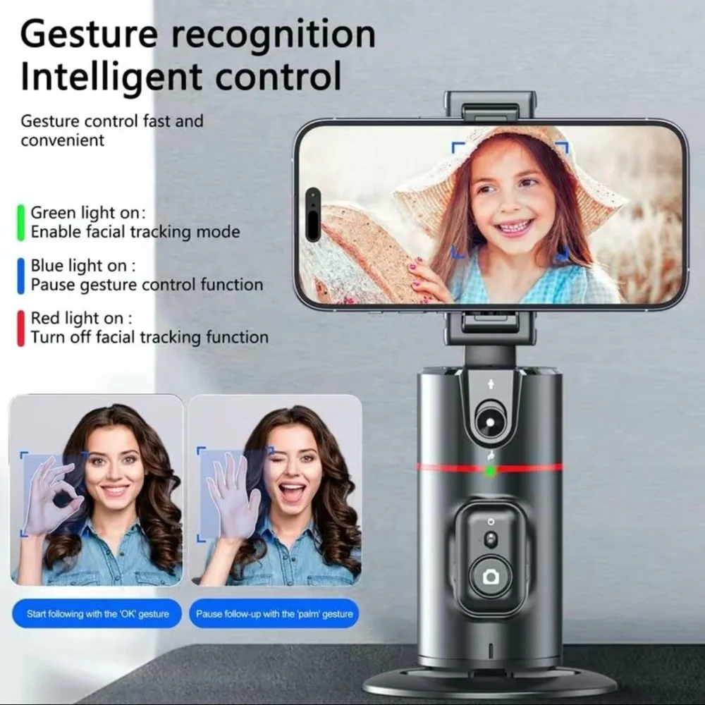 Collapsible auto face tracking no app required 360 rotation camera mount